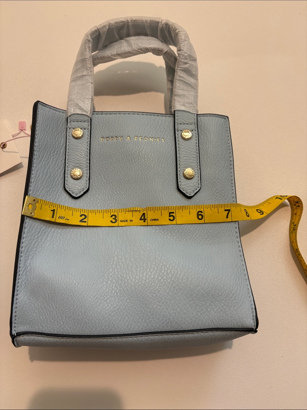 Poppy & Peonies Light Blue Leather Mini Tote with Gold Hardware - Picture 3 of 10